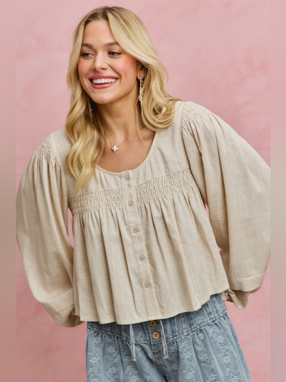 SO ME Linen Blend Woven Long Sleeve With Smocking Top - Picture 10 of 16